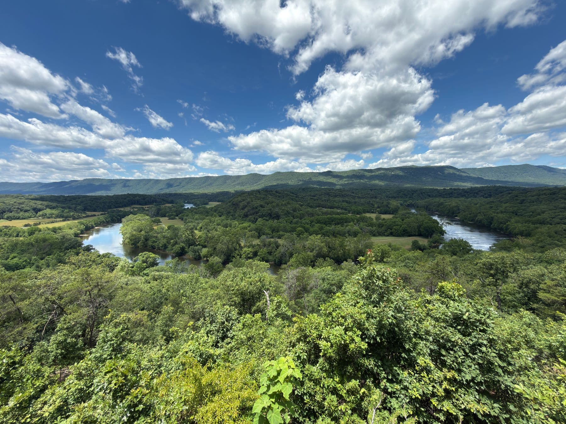 Panoramic summer view across the Shenandoah Valley with a river winding between wooded ridges